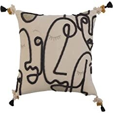 16&quot; Cotton Slub Pillow w/Embroidery, Abstract Face Design and Tassels