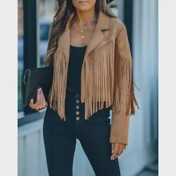 Fringed Faux Suede Moto Jacket - Tan