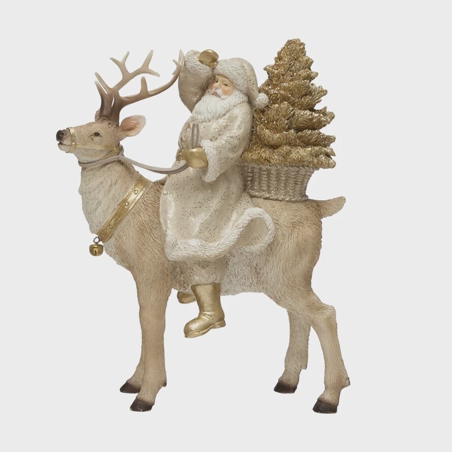 Resin Deer with Santa, Tree and Glitter, White