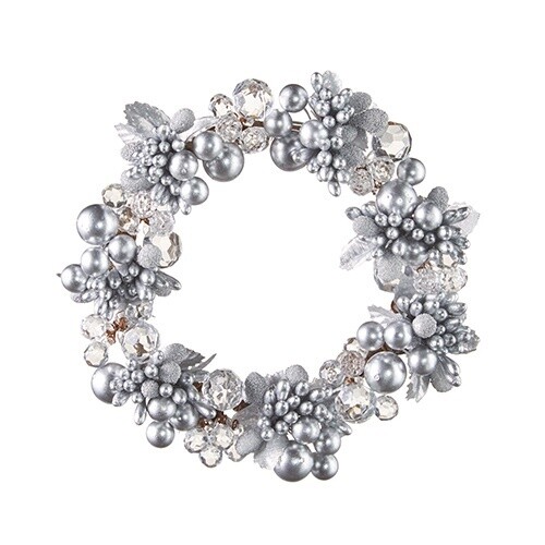 6.5&quot; Beaded Berry and Crystal Mini Wreath-Candle Ring Silver