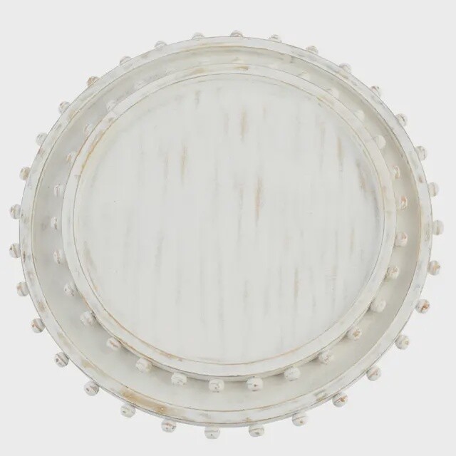 Beaded Wood White-Washed Serving Tray