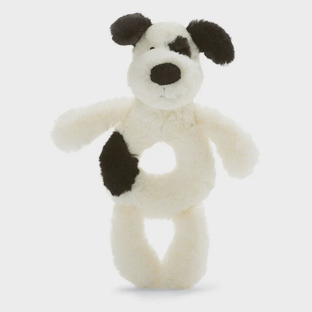 Bashful Black &amp; Cream Puppy Ring Rattle
