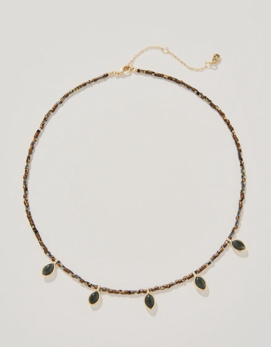 Primrose Bitty Bead Necklace 15&quot; Silver Leaf Jasper