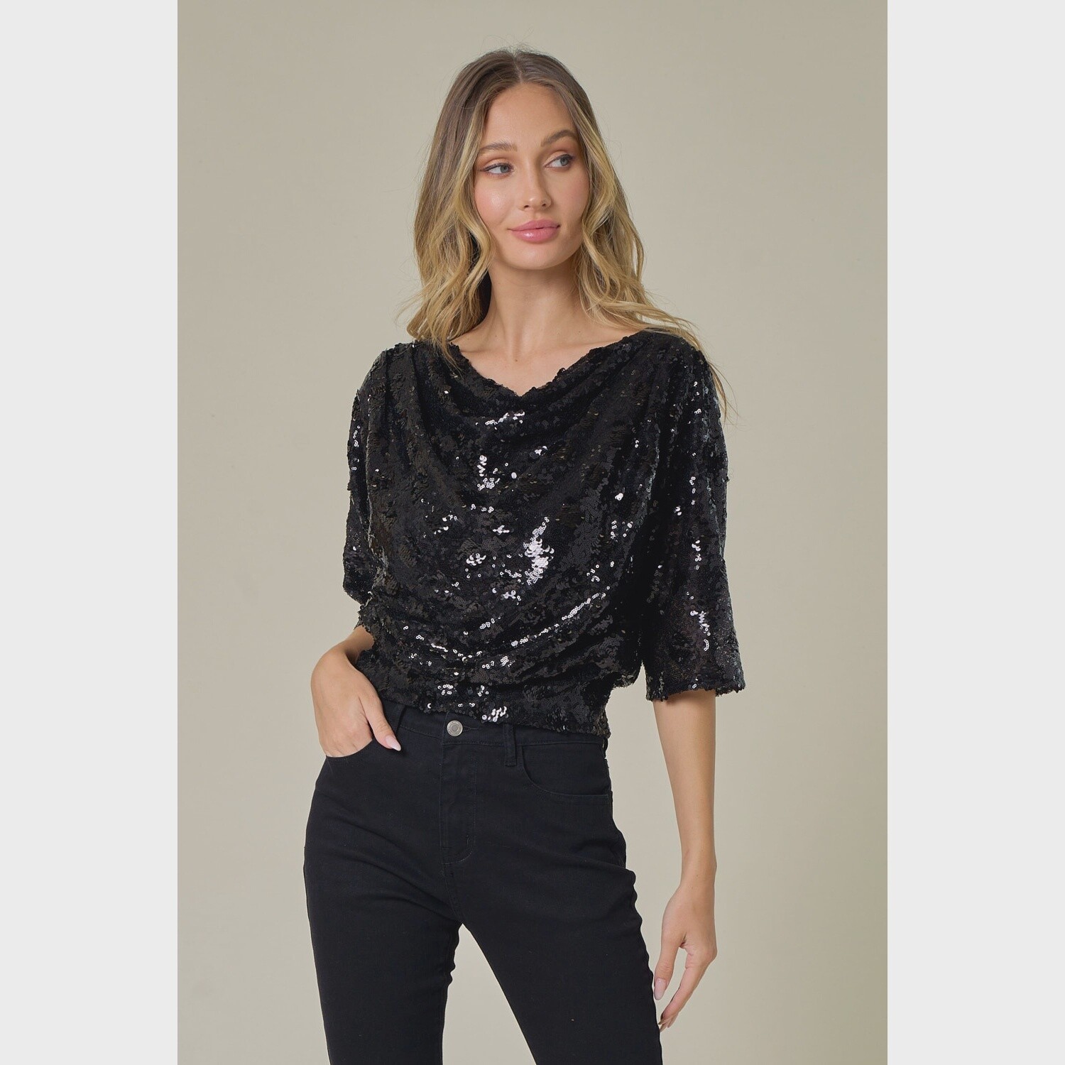 Holiday Cowl Neck Cropped Sequin Blouse, Size: S