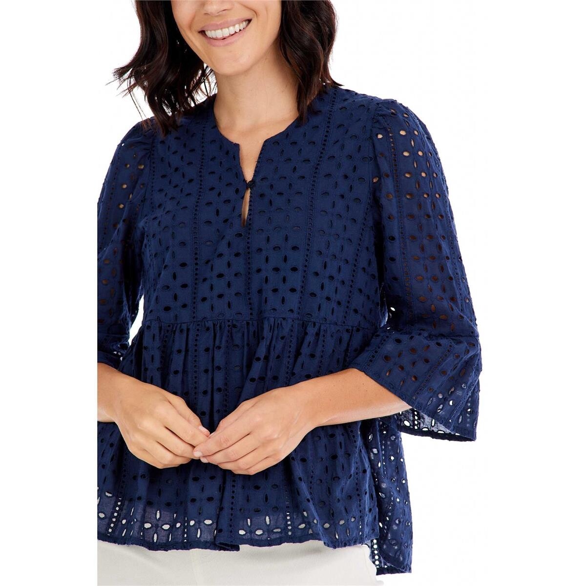 Navy Ana Eyelet Top, Size: small
