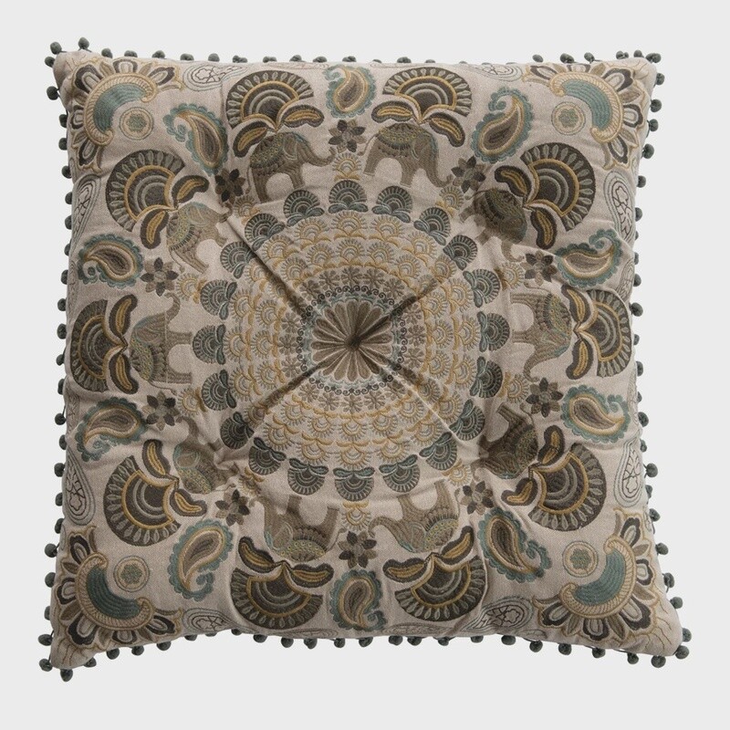 24&quot; Embroidered Pillow with Elephants &amp; Pom Poms