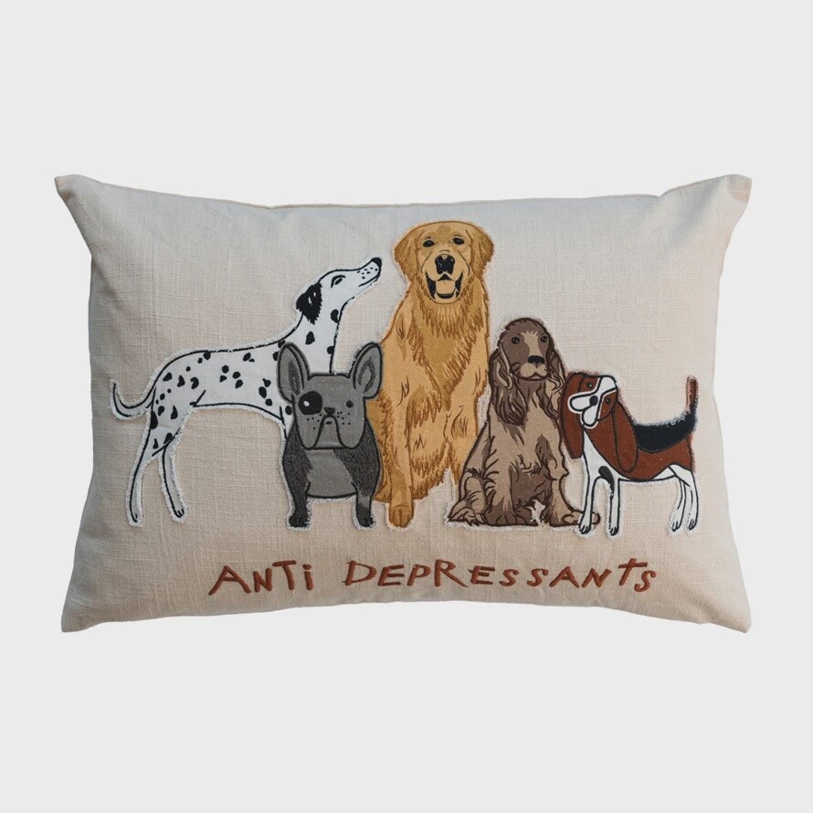Cotton Slub Lumbar Pillow with Embroidered Dogs, Polyester Fill