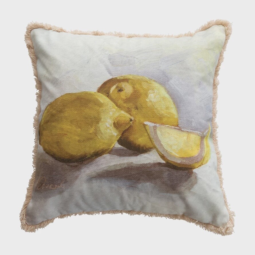 18&quot; Cotton Pillow with Fringe &amp; Lemons