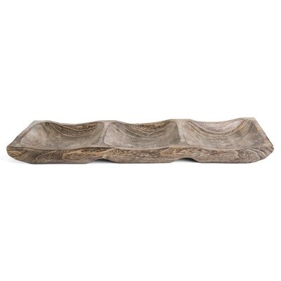 32.5 Inch Carved Rectangular Paulownia Wood Divided Tray