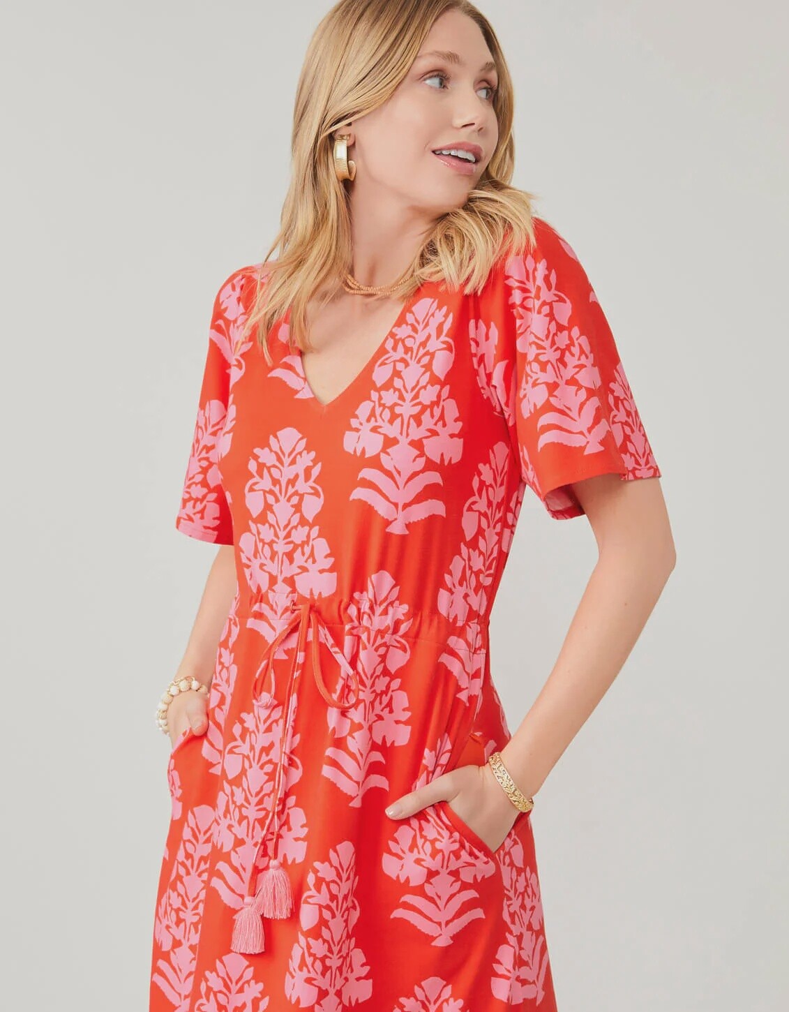 Blakelynn Midi Dress Queenie Woodblock Floral Tomato, Size: X-Small