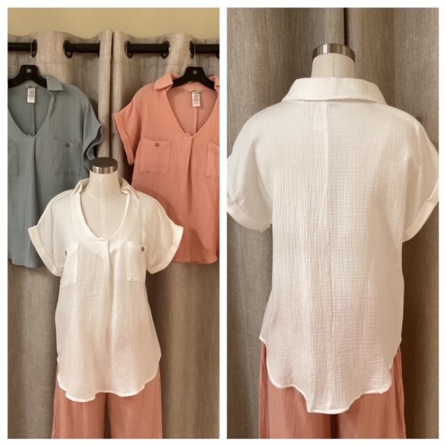Crinkle Cotton V- Neck, Colour: White, Size: S