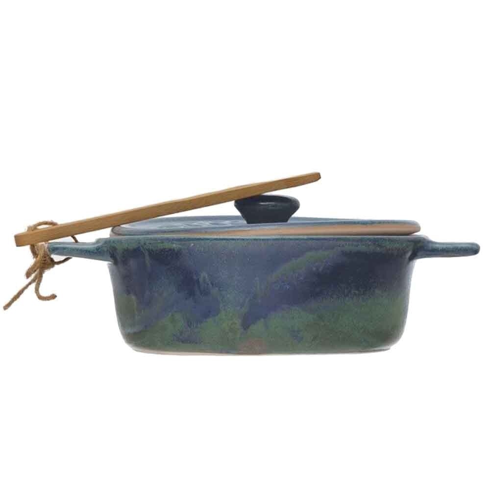 Blue Stoneware Brie Baker with Bamboo Spreader