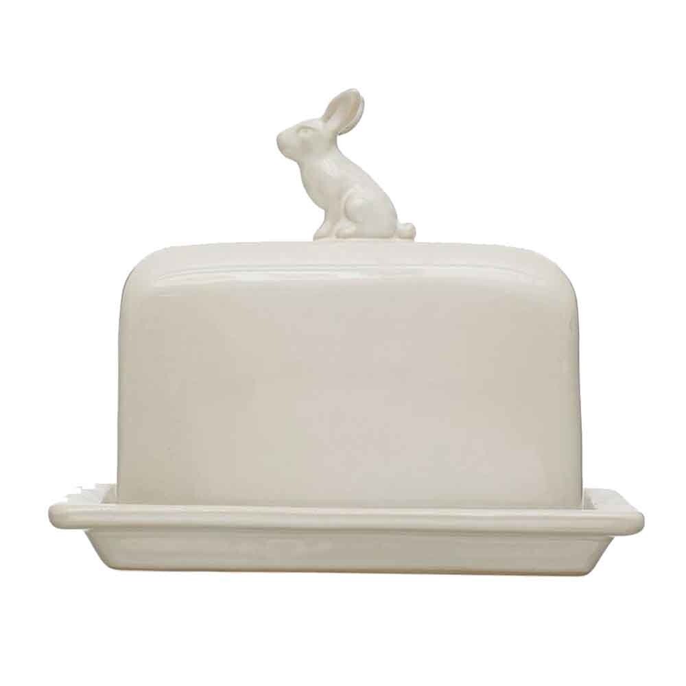 Stoneware Butter Dish with Rabbit Finial, White