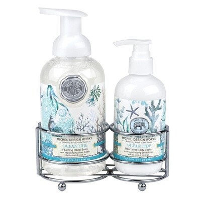Michel Design Works Ocean Tide foaming hand soap and lotion caddy set displayed on white background in studio lighting