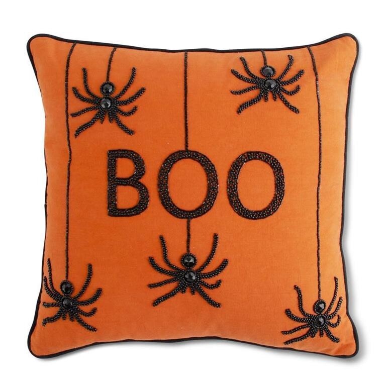 18 Inch Orange Square Beaded BOO Pillow w/Spide