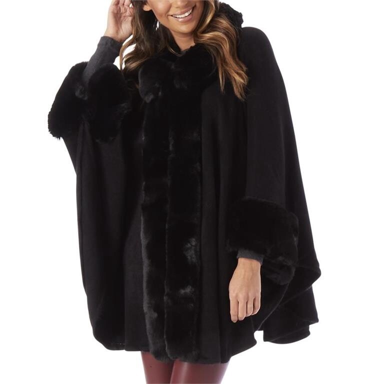 Black Cape w/Sleeves &amp; Faux Fur Trim
