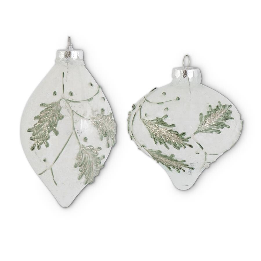 Snowy Clear Glass Onion &amp; Teardrop Ornaments w/Green
