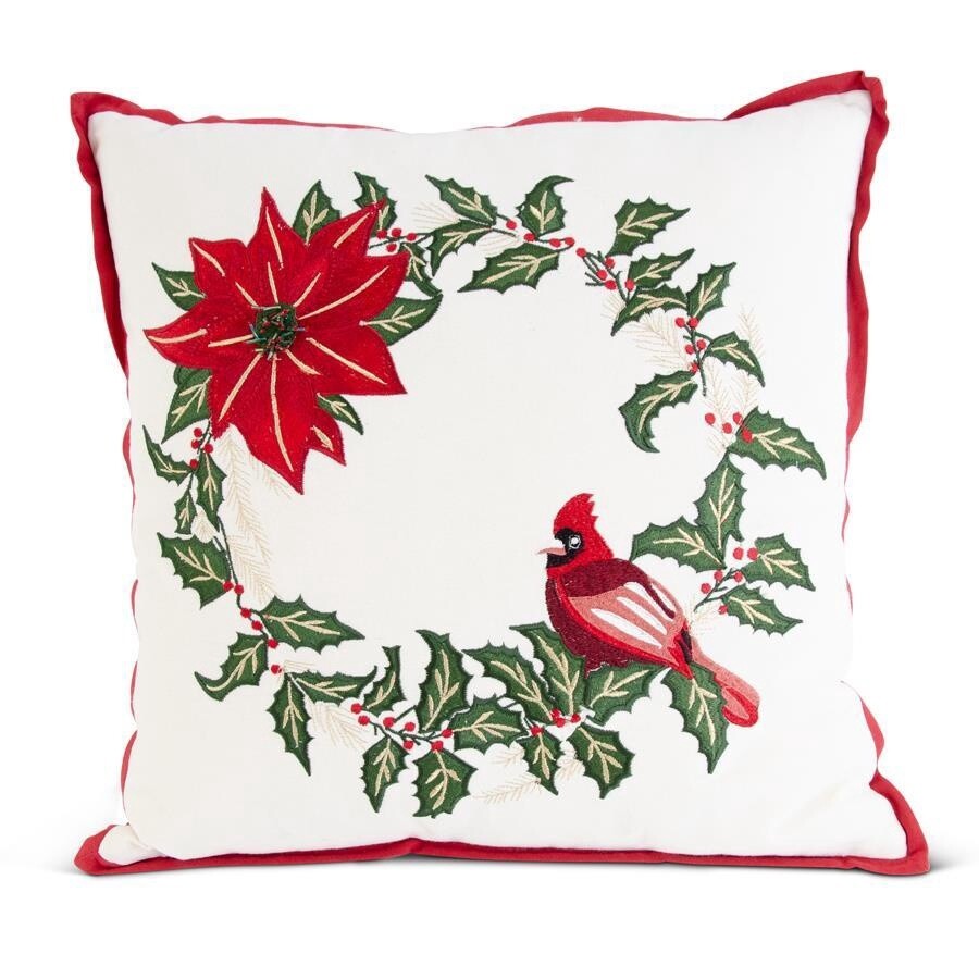 18 Inch Cream Linen Square Pillow w/Embroidered Beaded Holly Cardinal