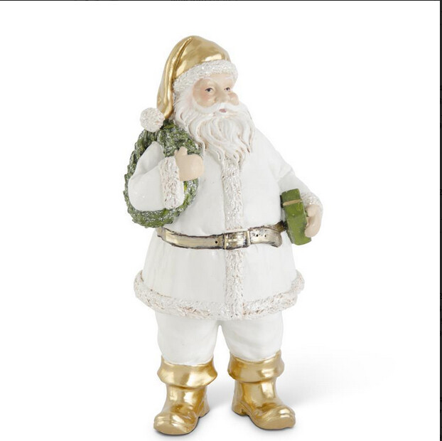 9.75 Inch White &amp; Gold Resin Santa w/Wreath &amp; P