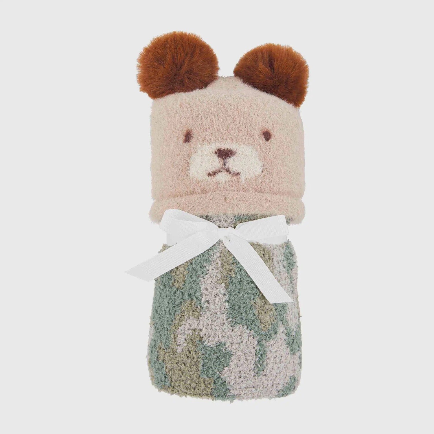Chenille Bear Hat and Blanket Set Brown