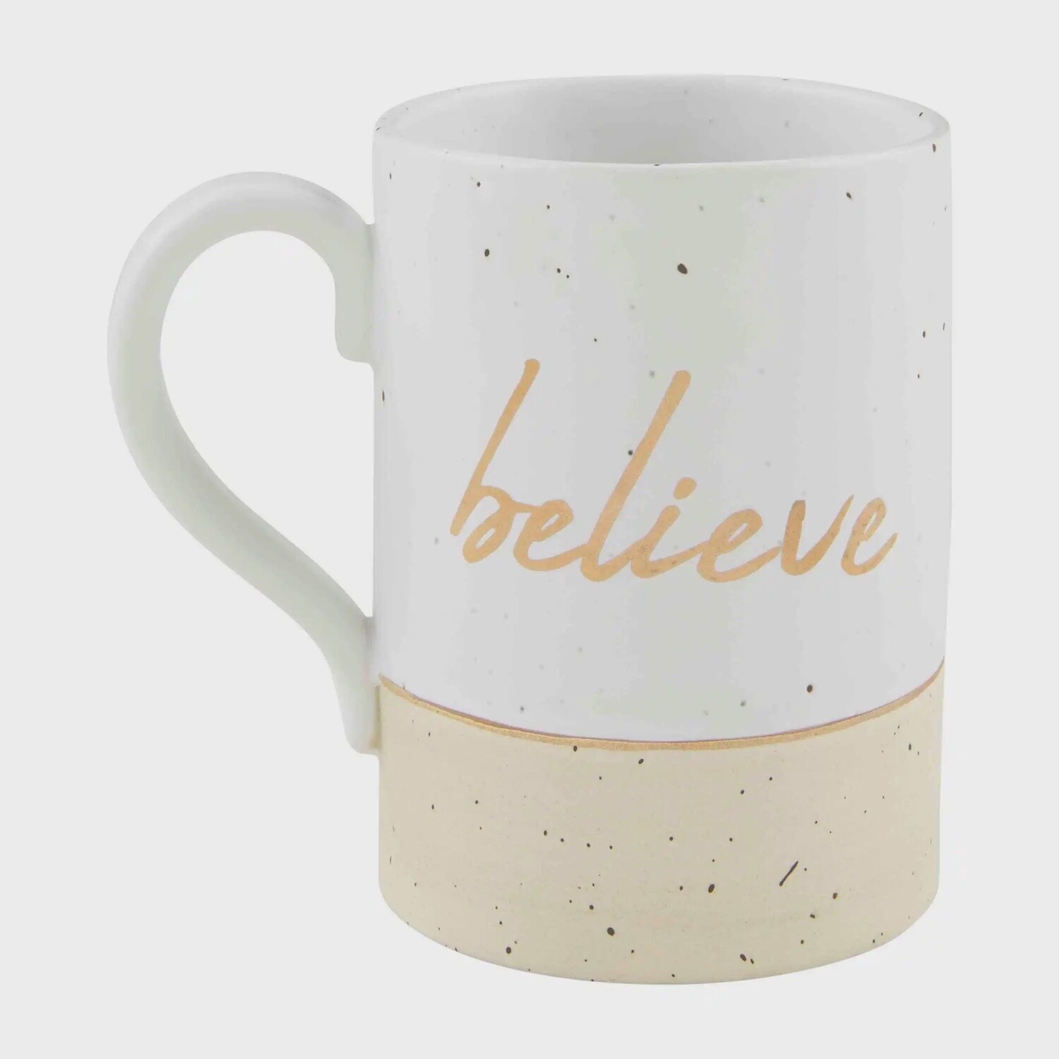 Gold Holiday Stoneware Mugs, Description: Believe