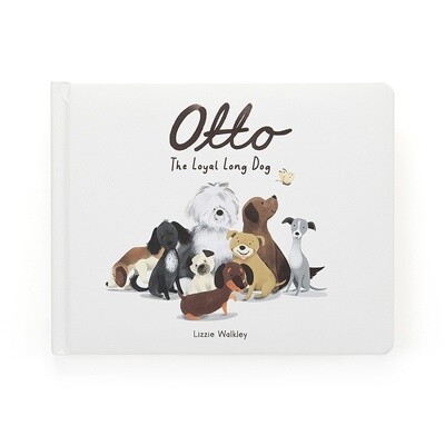 Jellycat Otto the Loyal Long Dog hardback picture book displayed against a white background in studio lighting