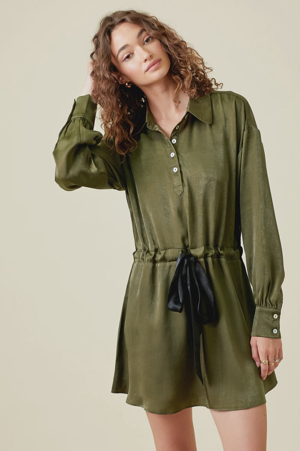 Tie Waist Dolman Sleeve Tunic- Olive, Size: SM