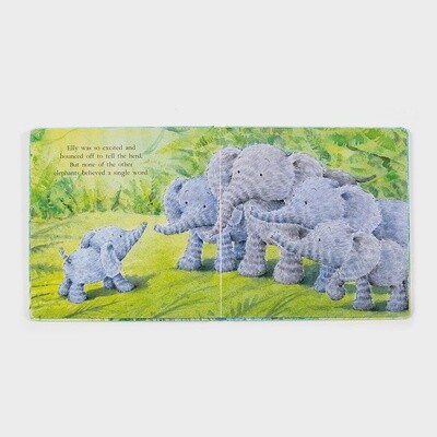 Jellycat Elephants Can't Fly children's picture book displayed in a lifestyle setting with colorful pages visible