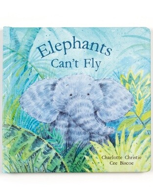 Jellycat Elephants Can't Fly children's picture book displayed against a white background, showing the illustrated cover art