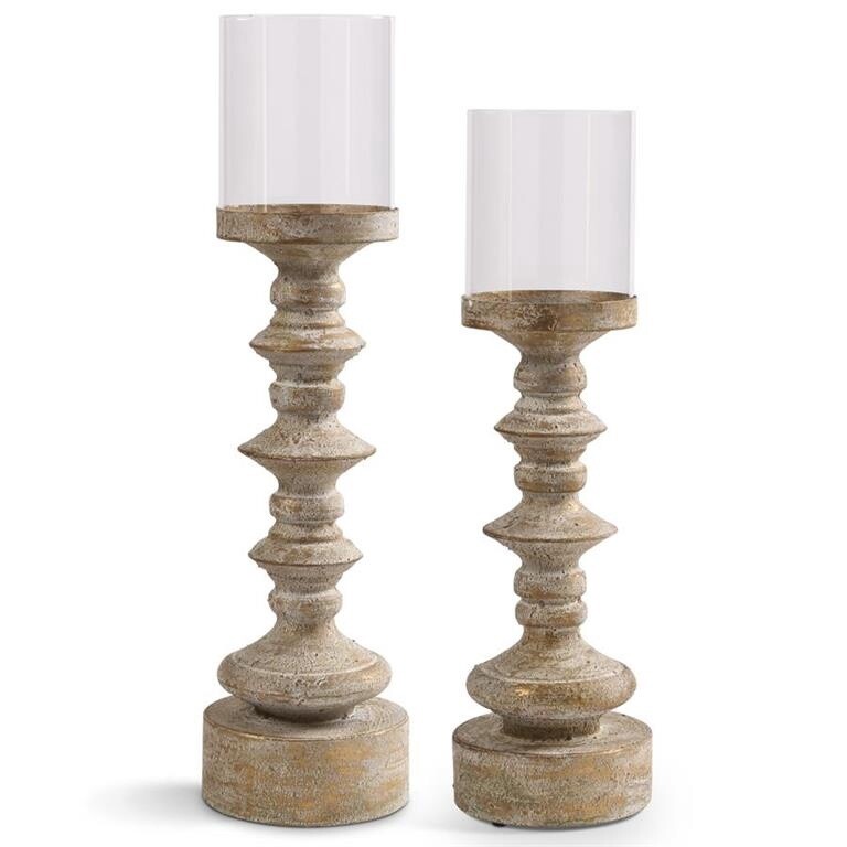 Antique Gold Finished Candleholders w/Glass Hurricanes