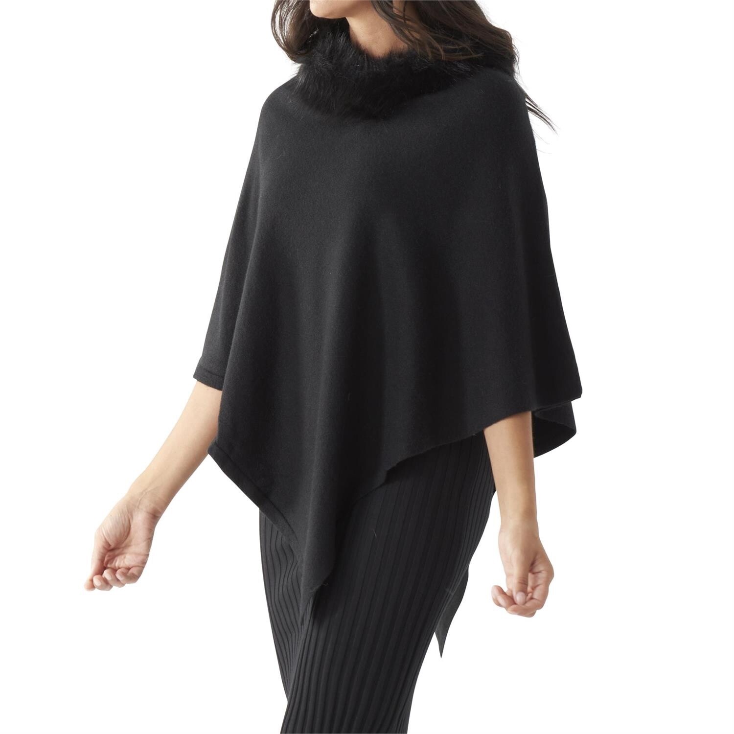 Poncho with Fur Collar, Colour: Black