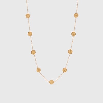 Julie Vos Valencia necklace with 24K gold coin stations on adjustable chain, displayed against neutral background
