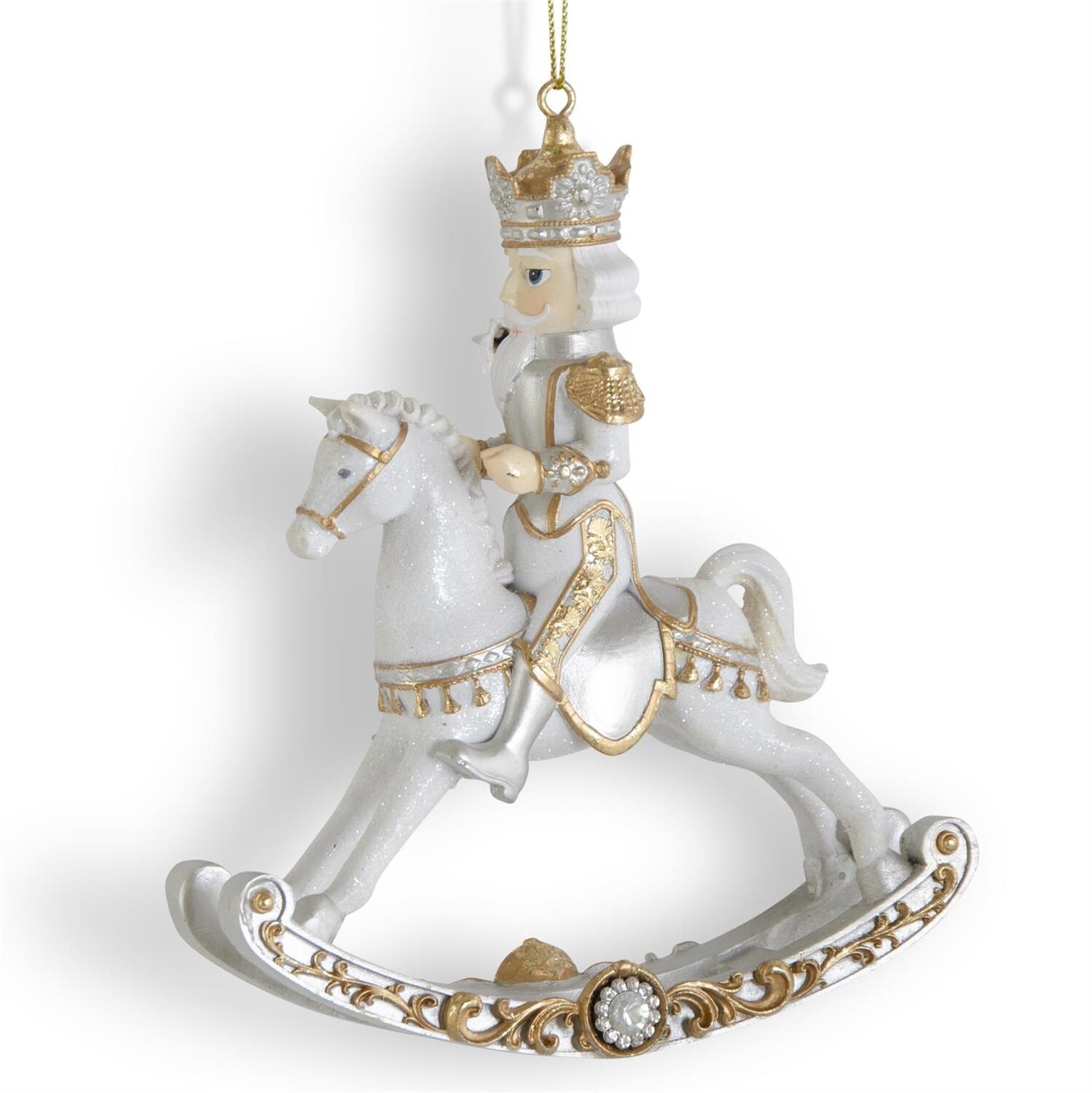 6.25 Inch White Gold &amp; Silver Resin Nutcracker On Rocking Horse Ornament