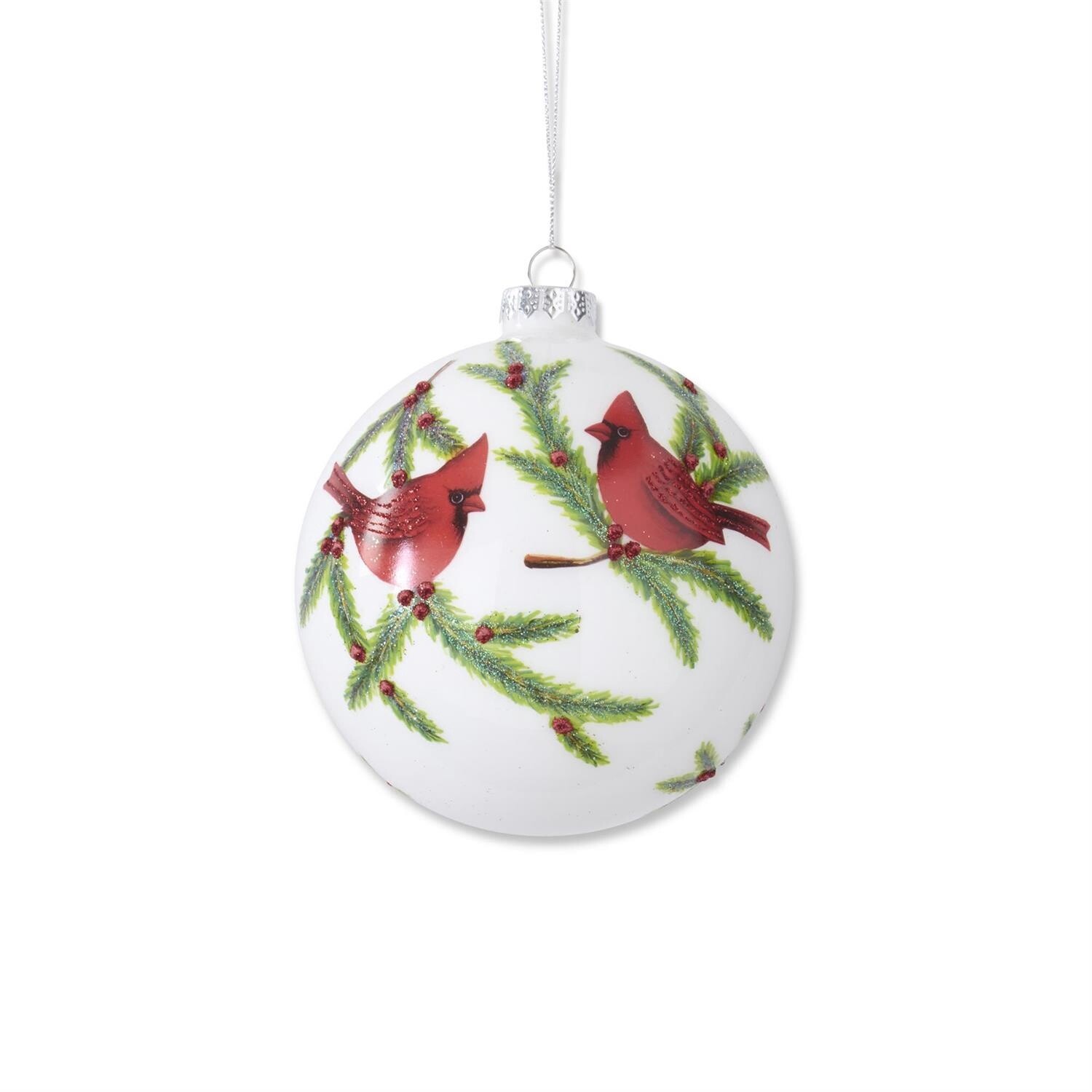 5.25 Inch Glittered White Round Glass Ornament w/Cardinals