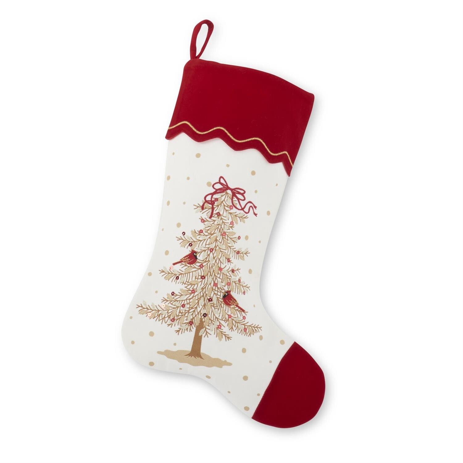 17.5 Inch Cardinals &amp; Tree Stocking w/Sequins