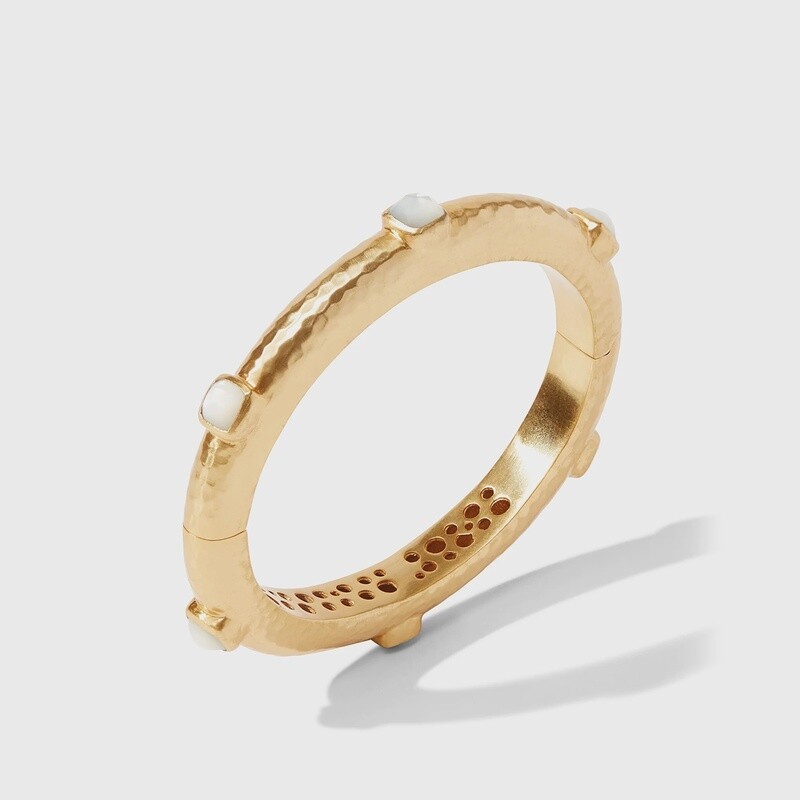 Julie Vos Catalina Stone Hinge Bangle in 24K gold with rose-cut glass stone, worn on wrist in lifestyle setting