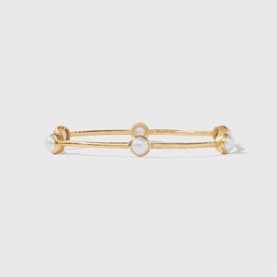 Julie Vos Milano Luxe hammered 24K gold bangle with iridescent pavé stones displayed on neutral background in studio lighting