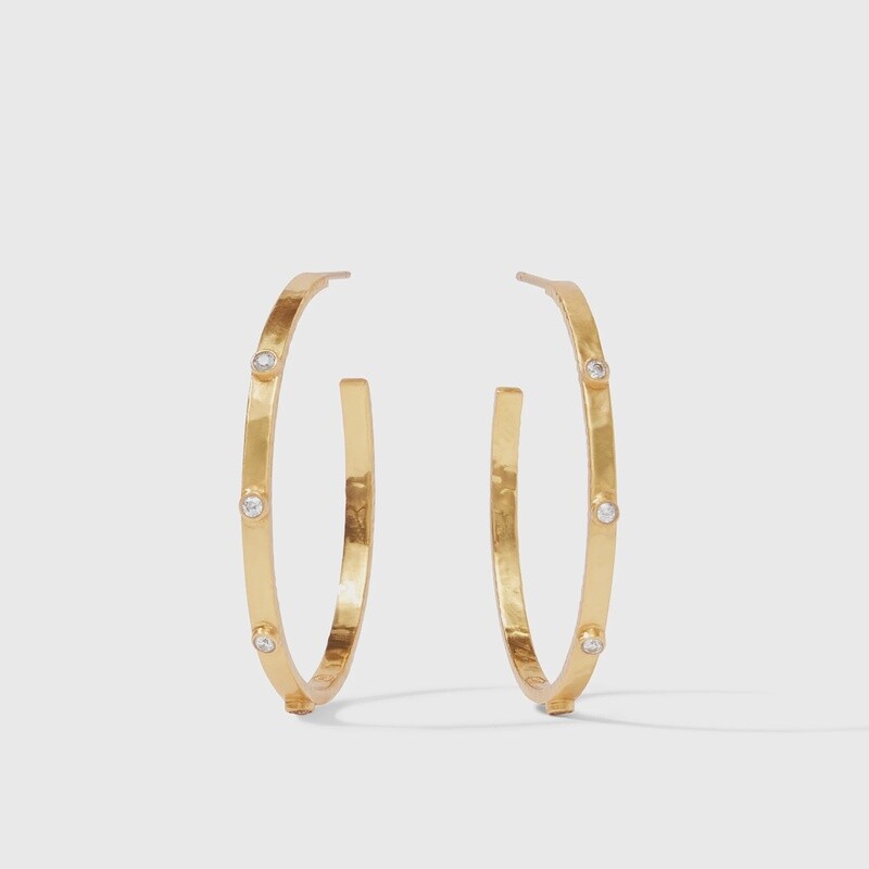 Julie Vos Crescent Hammered Hoop Earrings in 24K gold with pearl and cubic zirconia details, styled in a lifestyle setting