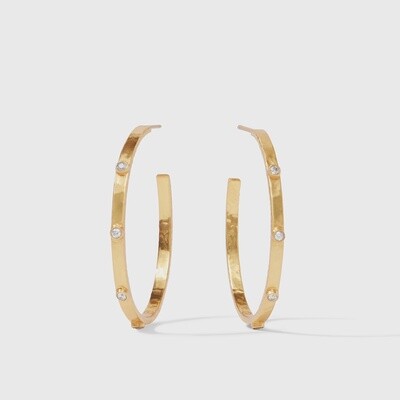 Julie Vos Crescent Hammered Hoop Earrings in 24K gold with pearl and cubic zirconia details, styled in a lifestyle setting