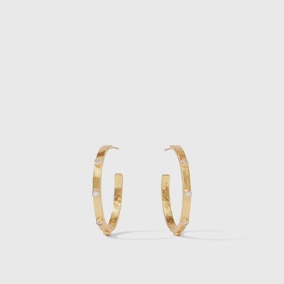 Julie Vos Crescent Hammered Hoop Earrings in 24K gold with pearl and cubic zirconia on white background