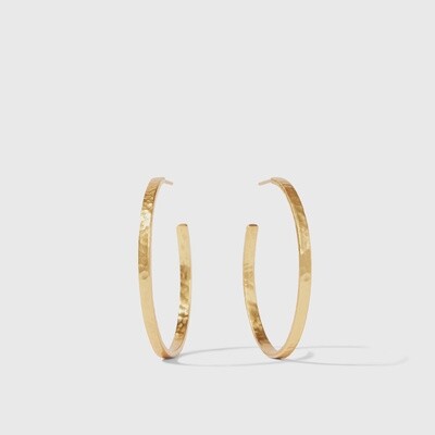 Julie Vos crescent hoop earrings in 24K gold plate with hammered texture detail on white background