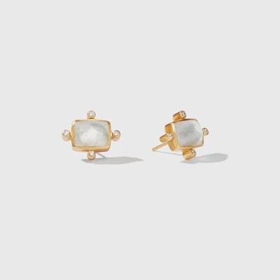 Clara stud earrings by Julie Vos in 24K gold plating, featuring cubic zirconia and mother of pearl on neutral background