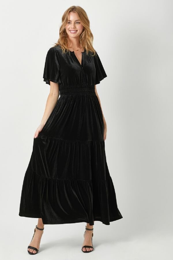 Ruffle Sleeve Velvet Maxi Dress Black