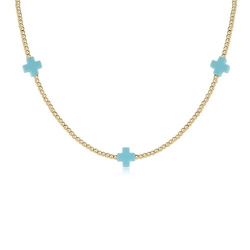 15&quot; Choker Signature Cross Gold Pattern 2mm Bead - Turquoise