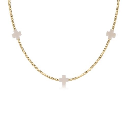 15&quot; Choker Signature Cross Gold Pattern 2mm Bead - Off-White
