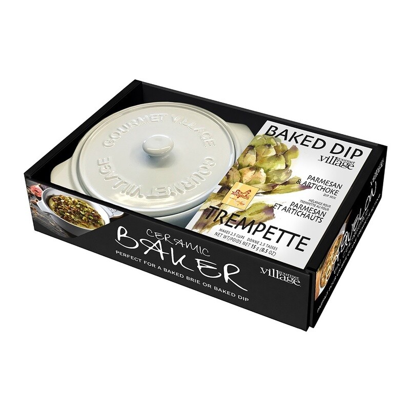 White Ceramic Baker gift set with Parmesan &amp; Artichoke dip