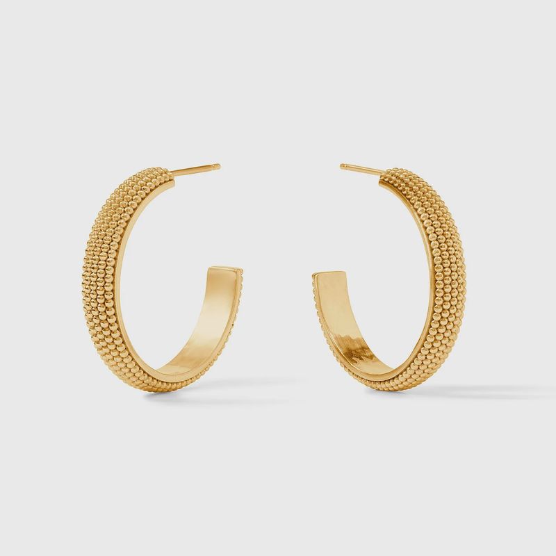 Julie Vos beaded eternity cabochon hoop earrings in 24K gold plate worn in a lifestyle setting