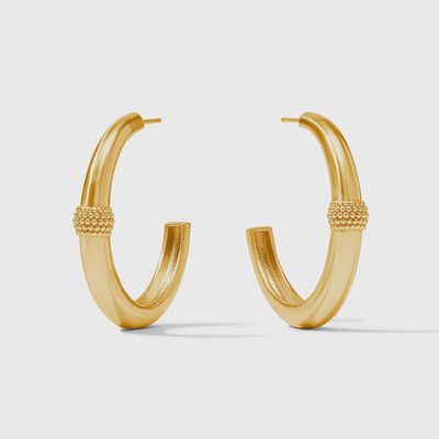 Julie Vos beaded station hoop earrings with cabochon stones in 24K gold plate, displayed against a neutral background