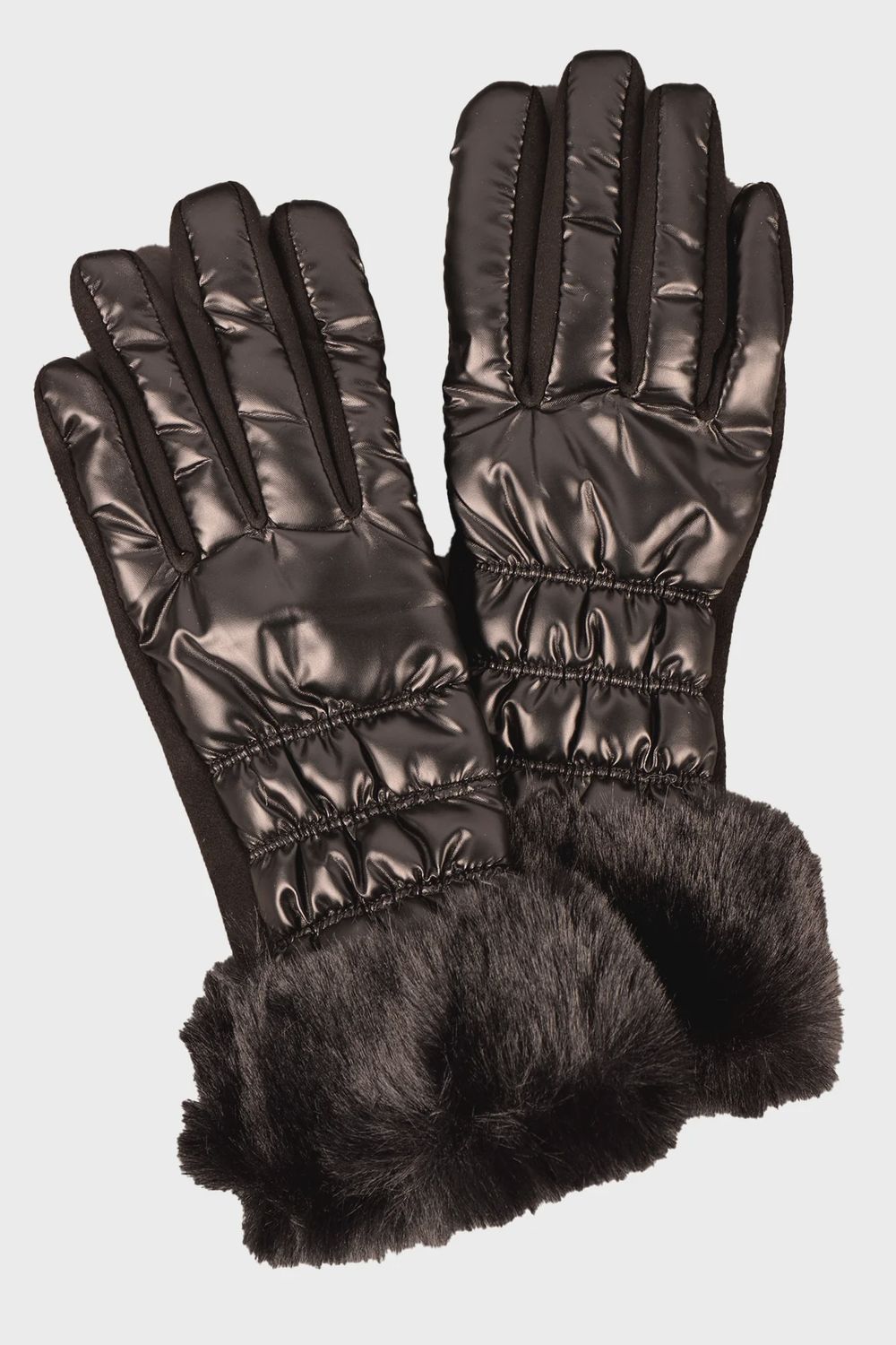 PUFFER GLOVES W/FAUX FUR, Colour: Black