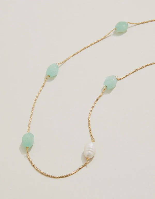 Stone Station Necklace 18&quot; Jade/Pearl